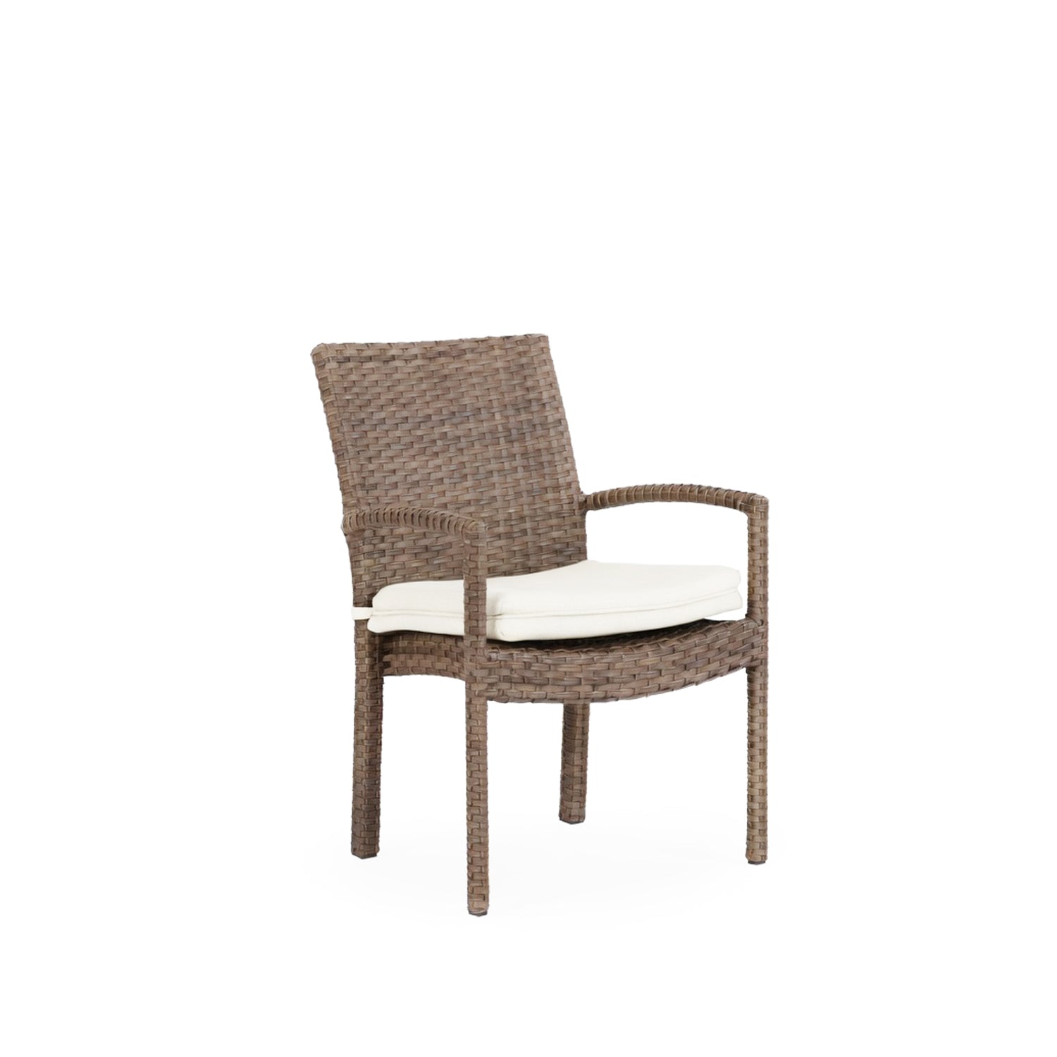 Front view of outdoor woven dining arm chair with seat cushion