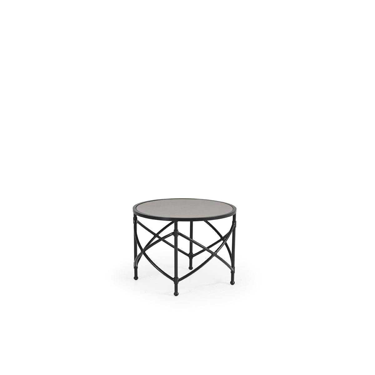 An outdoor aluminum end table with a tile top, featuring a geometric x-shape design.