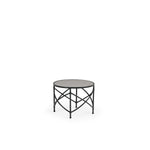 An outdoor aluminum end table with a tile top, featuring a geometric x-shape design.