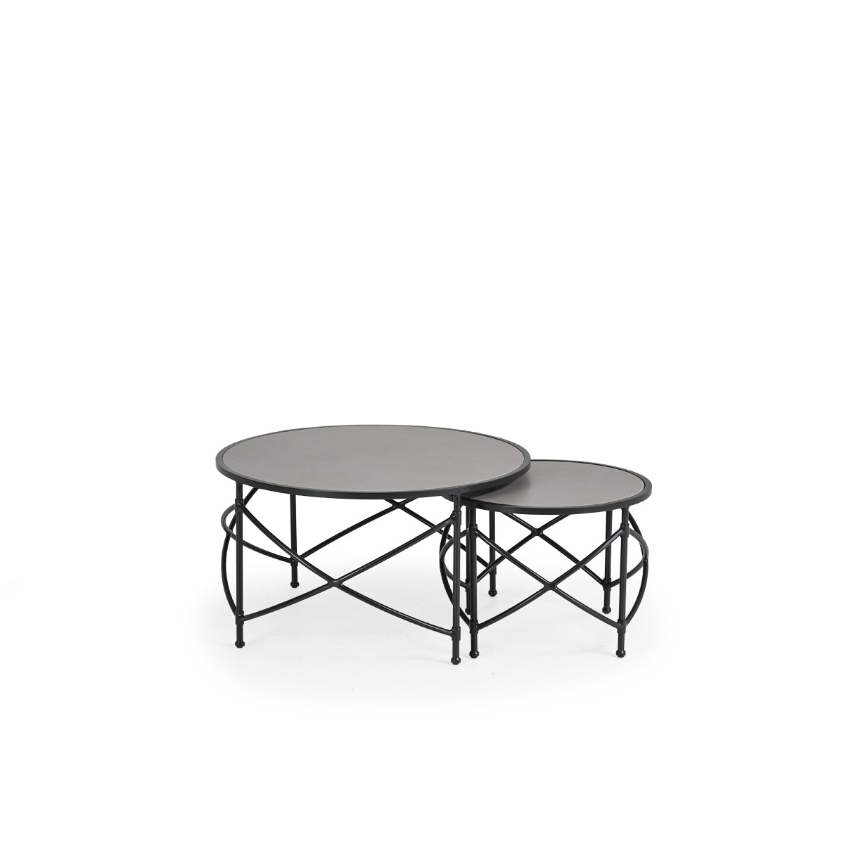 Outdoor aluminum nested cocktail and end table with a tile top, featuring a circular cocktail table with a smaller end table that nests inside it.