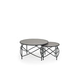 Outdoor aluminum nested cocktail and end table with a tile top, featuring a circular cocktail table with a smaller end table that nests inside it.
