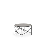 An outdoor aluminum cocktail table with a tile top, featuring a geometric x-shape design.