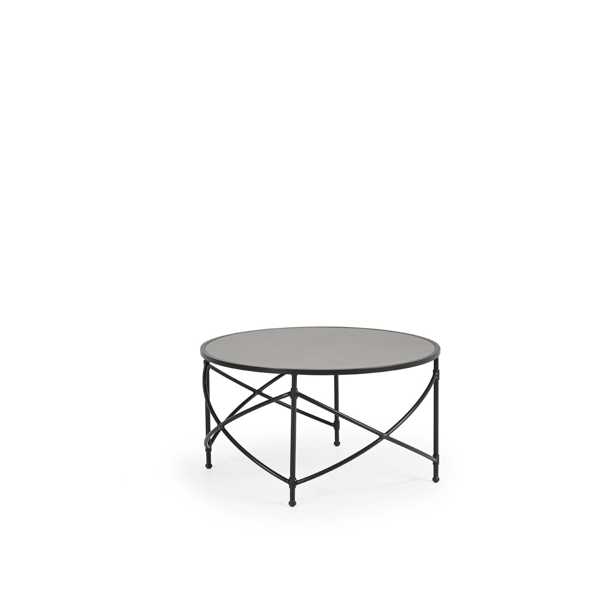 An outdoor aluminum cocktail table with a tile top, featuring a geometric x-shape design.