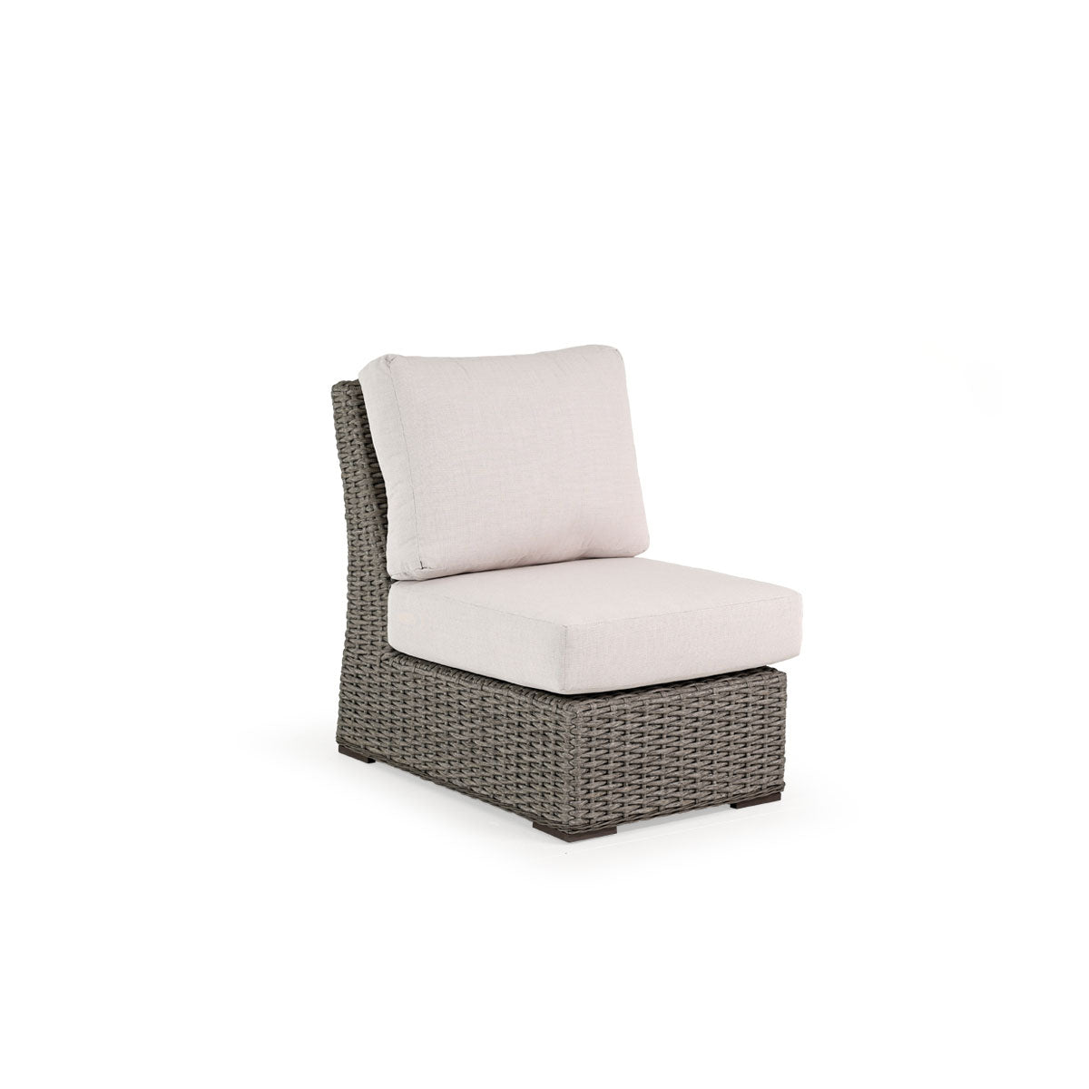 Outdoor Woven Armless Chair with seat and back cushions.