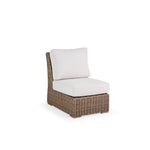 Outdoor Woven Armless Chair with seat and back cushions.
