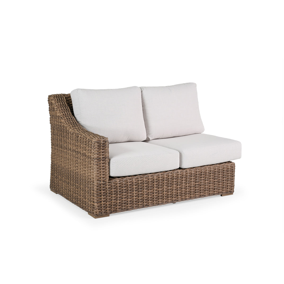 Outdoor Woven Left Facing Arm Loveseat with two seat cushions and two back cushions.