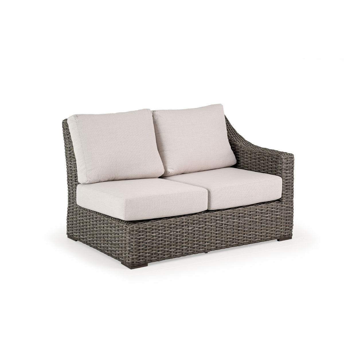 Outdoor Woven Right Facing Arm Loveseat with two seat cushions and two back cushions.