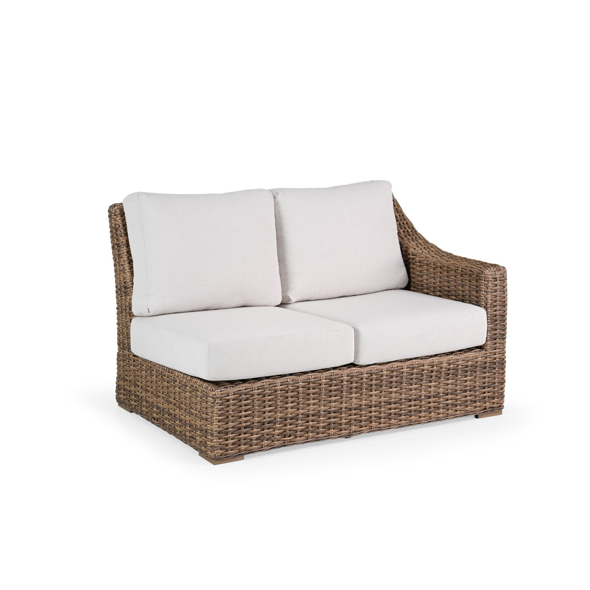 Outdoor Woven Right Facing Arm Loveseat with two seat cushions and two back cushions.