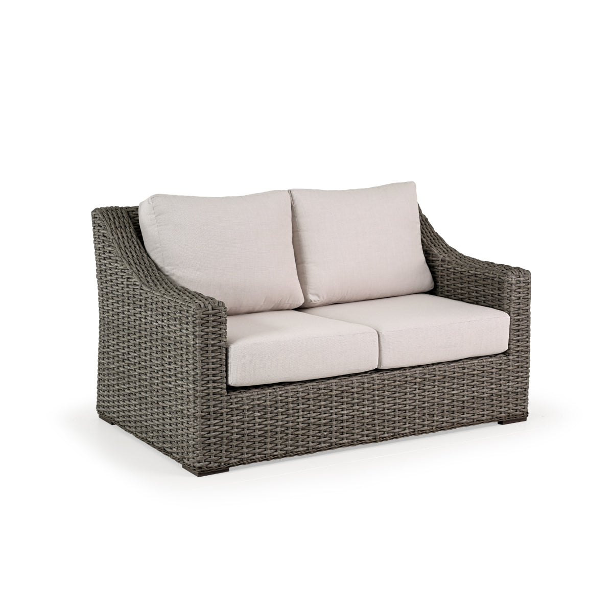 Outdoor Woven Loveseat with two seat cushions and two back cushions.
