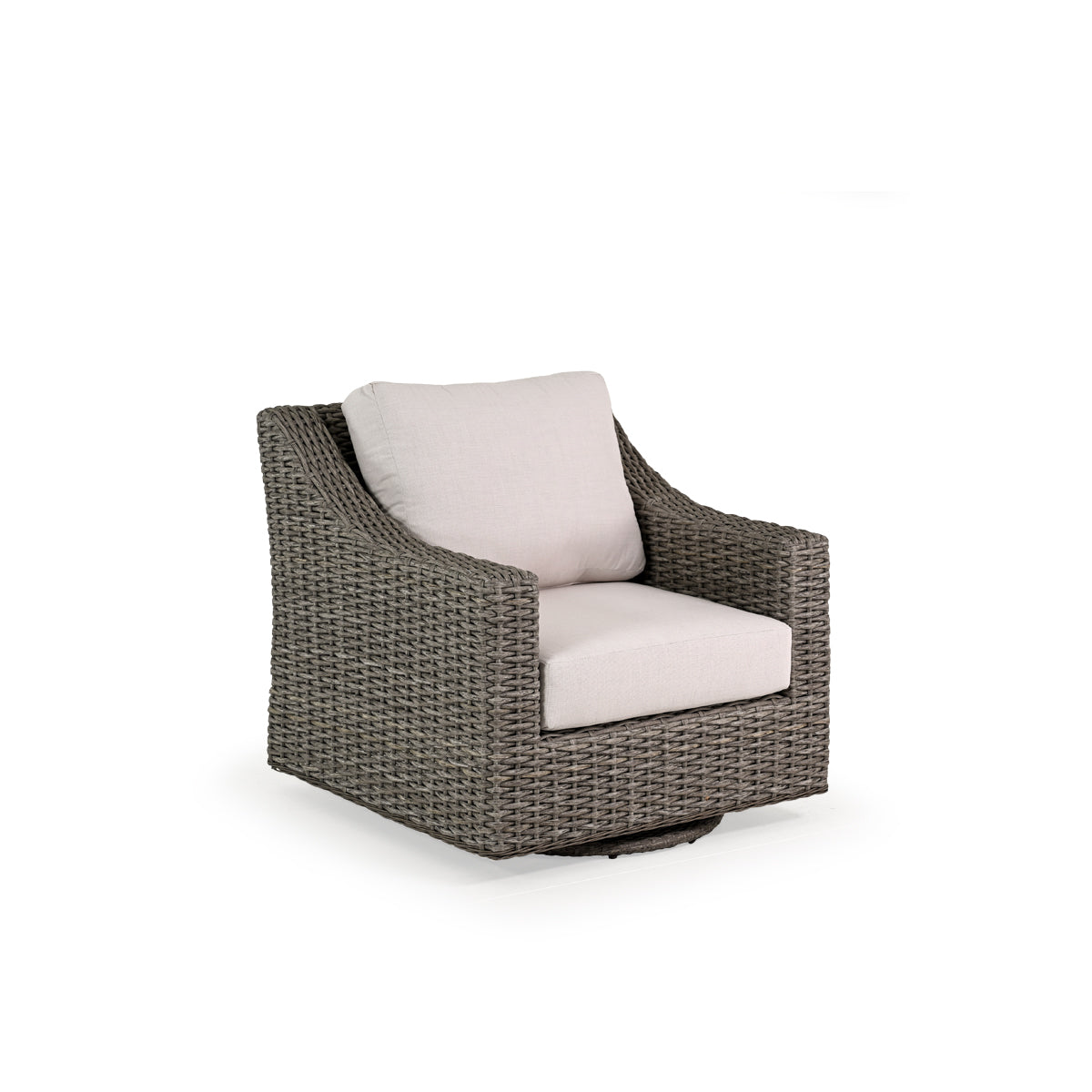 Outdoor woven swivel glider chair with seat and back cushion.
