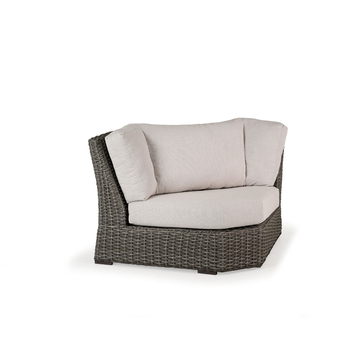 Outdoor Woven Corner Chair with seat and back cushions.