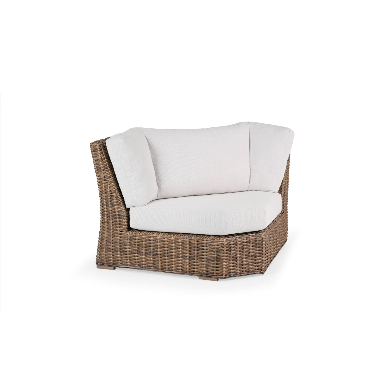 Outdoor Woven Corner Chair with seat and back cushions.