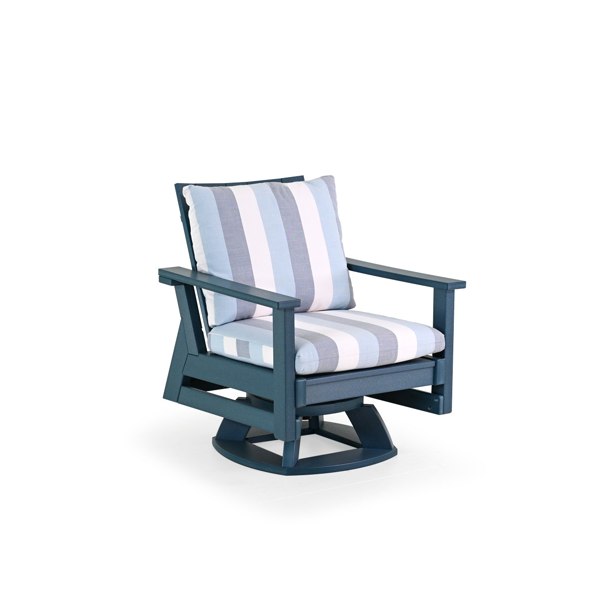 Front view of outdoor poly timber swivel rocking club chair with seat and back cushion