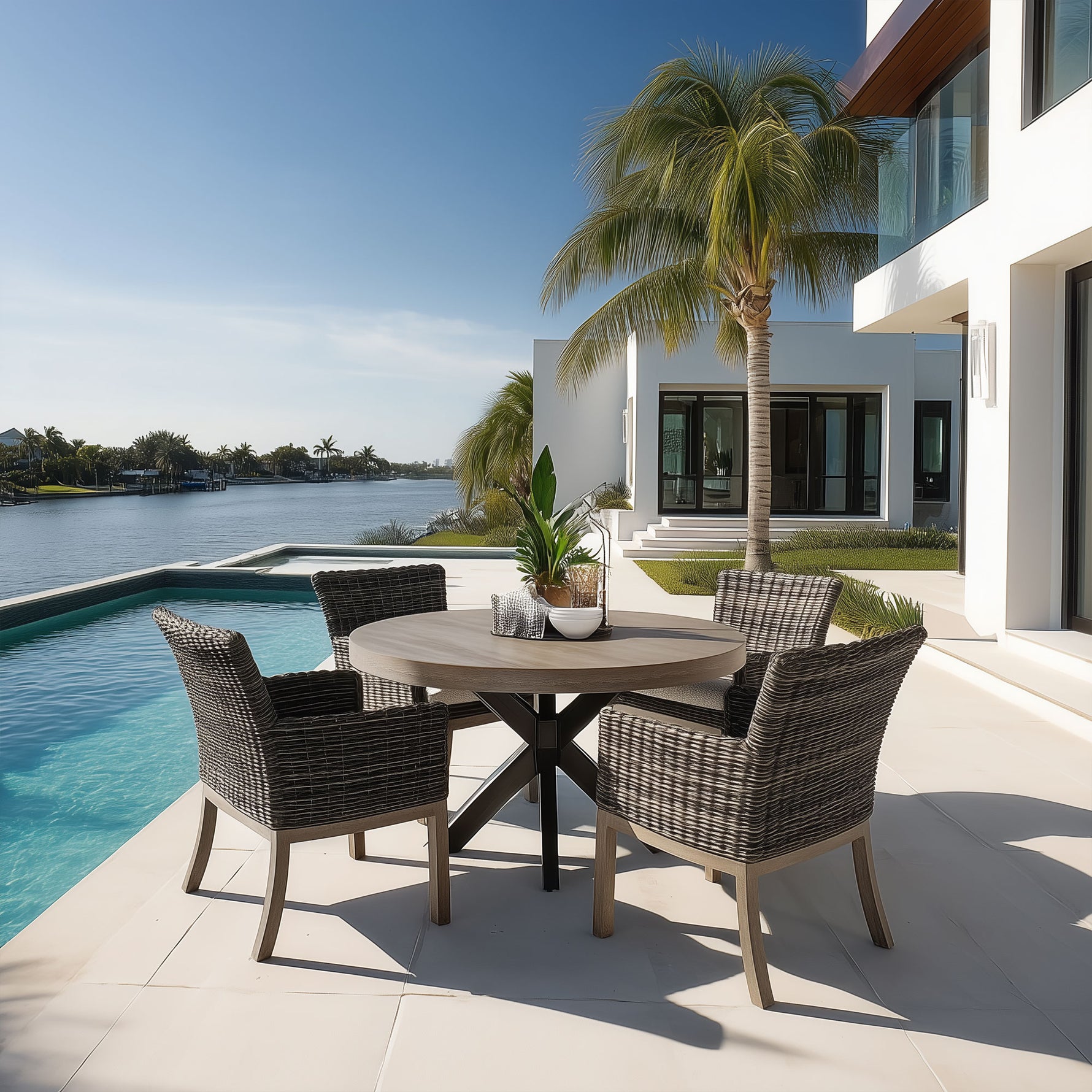 Outdoor poolside pavers with dining set that includes round faux aluminum dining table and four woven and aluminum dining chairs