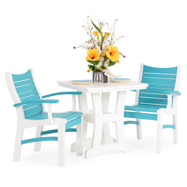 Outdoor dining set with two poly timber dining arm chairs and square bistro style poly timber dining table