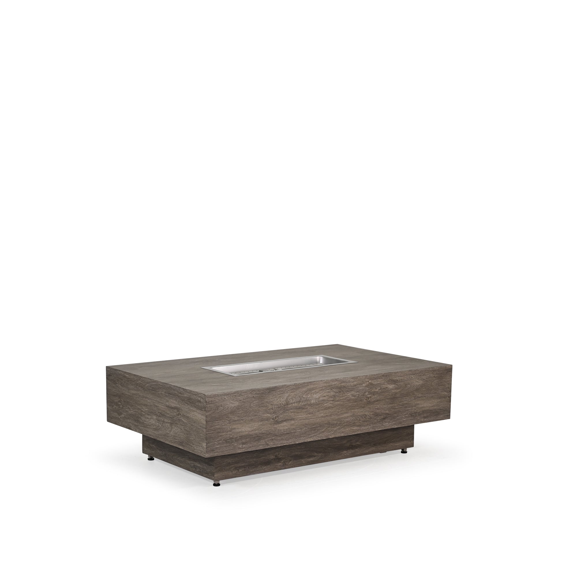 Outdoor rectangular aluminum fire pit with faux wood finish