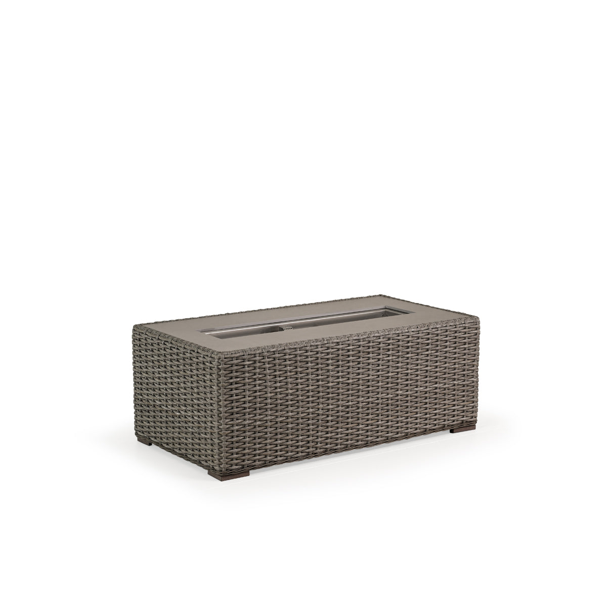 Rectangular outdoor woven fire pit with a tile top