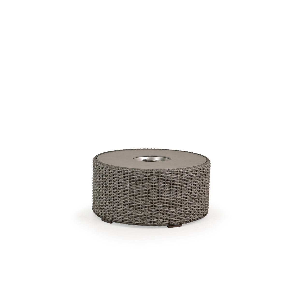 Round outdoor woven fire pit with a tile top