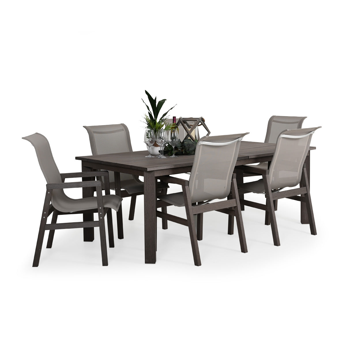Outdoor faux wood and sling dining set with six dining arm chairs and rectangular slat style table