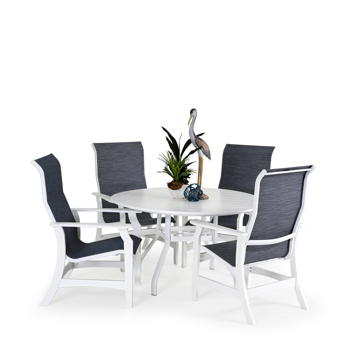 Outdoor marine grade polymer and sling dining set with four dining arm chairs around a round dining table