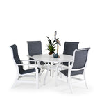 Outdoor marine grade polymer and sling dining set with four dining arm chairs around a round dining table