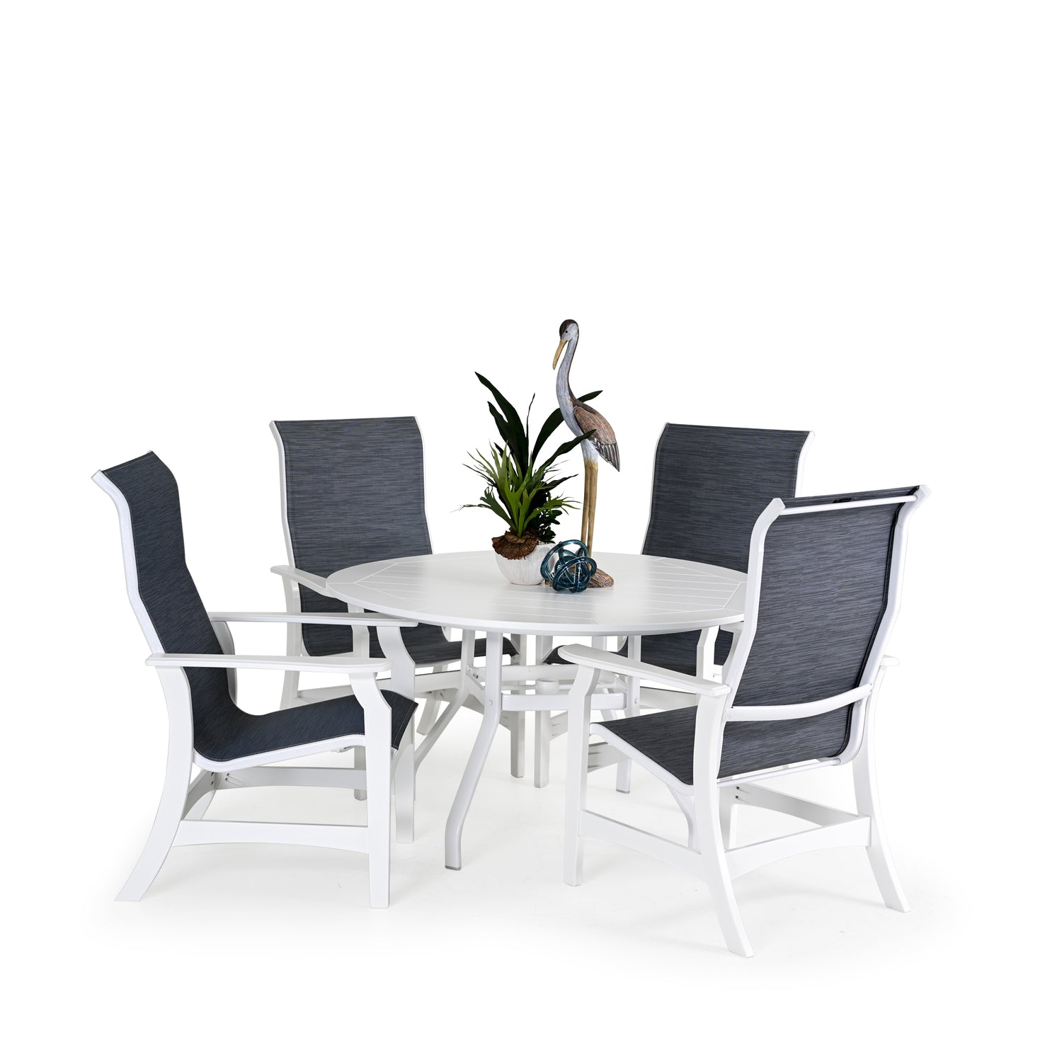 Outdoor marine grade polymer and sling dining set with four dining arm chairs around a round dining table