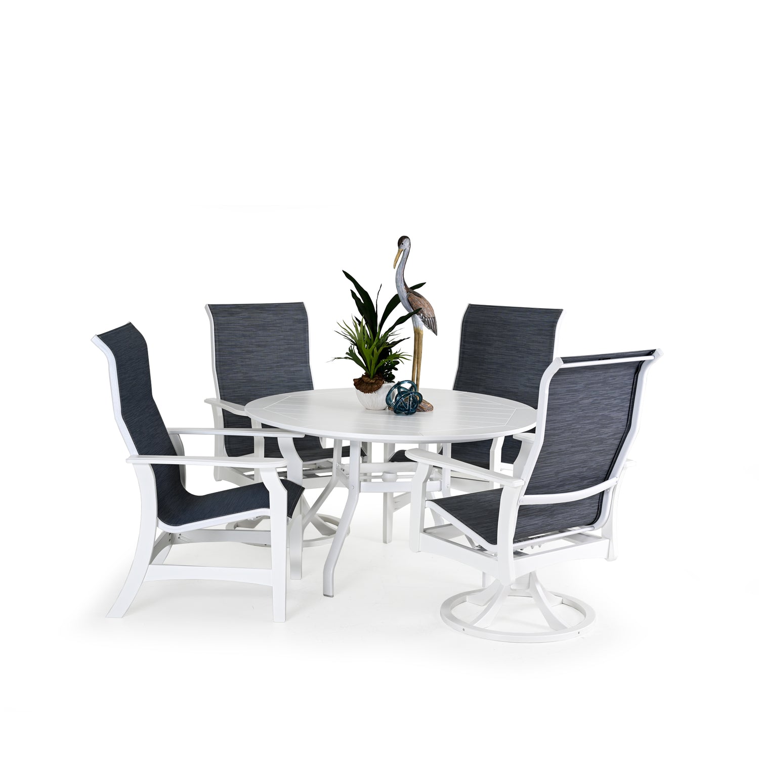 Outdoor marine grade polymer and sling dining set with two dining arm chairs and two swivel tilt dining chairs around a round dining table