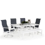 Outdoor marine grade polymer and sling dining set with two dining arm chairs, two swivel tilt dining chairs and rectangular backless bench around a rectangle dining table