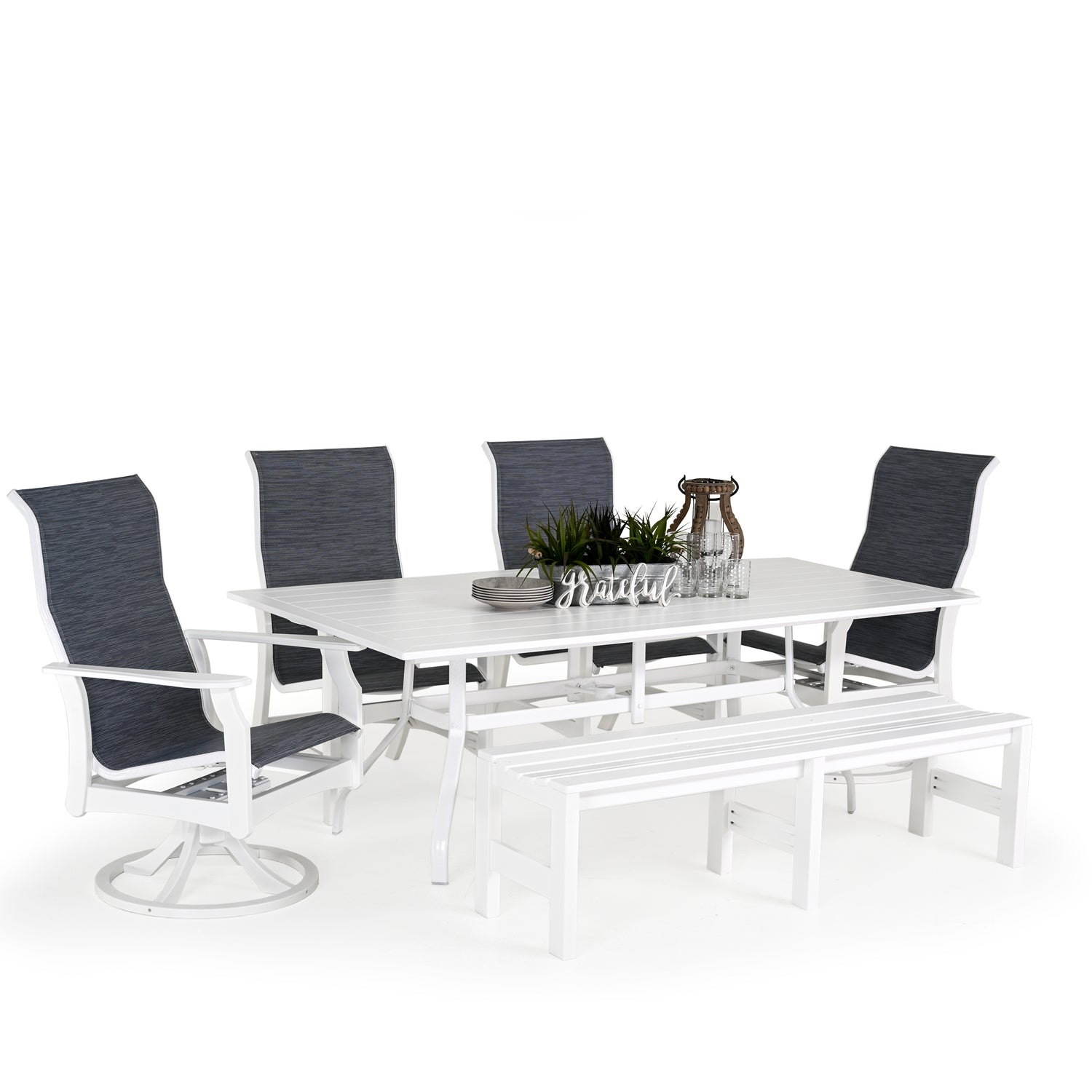 Outdoor marine grade polymer and sling dining set with two dining arm chairs, two swivel tilt dining chairs and rectangular backless bench around a rectangle dining table