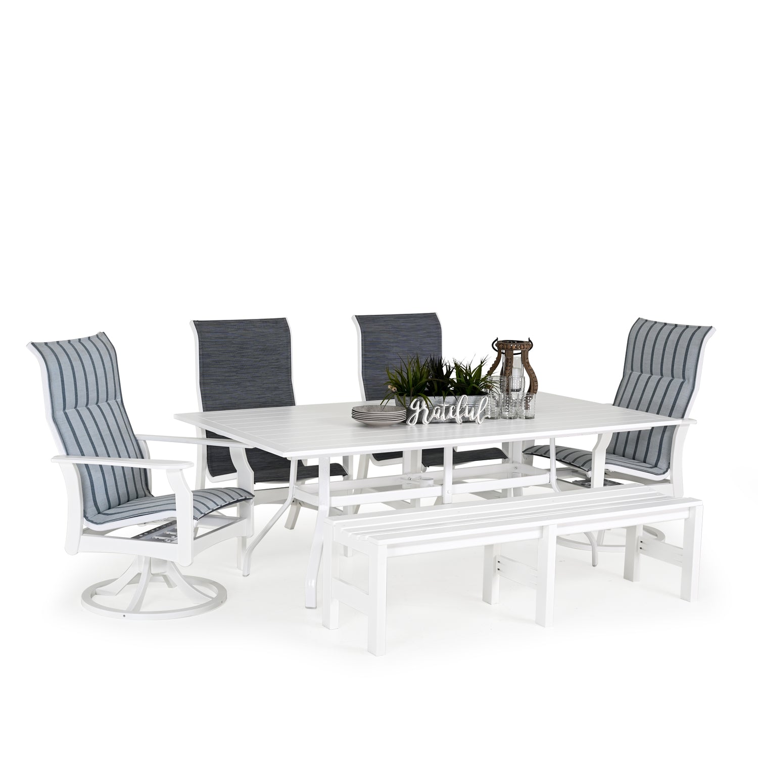 Outdoor marine grade polymer and sling dining set with two dining arm chairs, two swivel tilt dining chairs and rectangular backless bench around a rectangle dining table