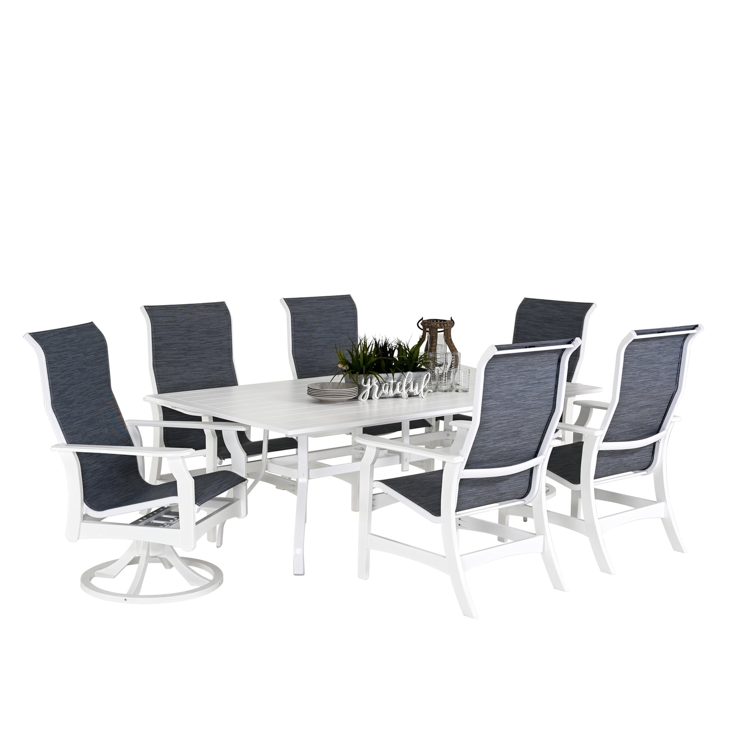 Outdoor marine grade polymer and sling dining set with four dining arm chairs and two swivel tilt dining chairs  around a rectangle dining table