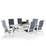 Outdoor marine grade polymer and sling dining set with four dining arm chairs and two swivel tilt dining chairs  around a rectangle dining table