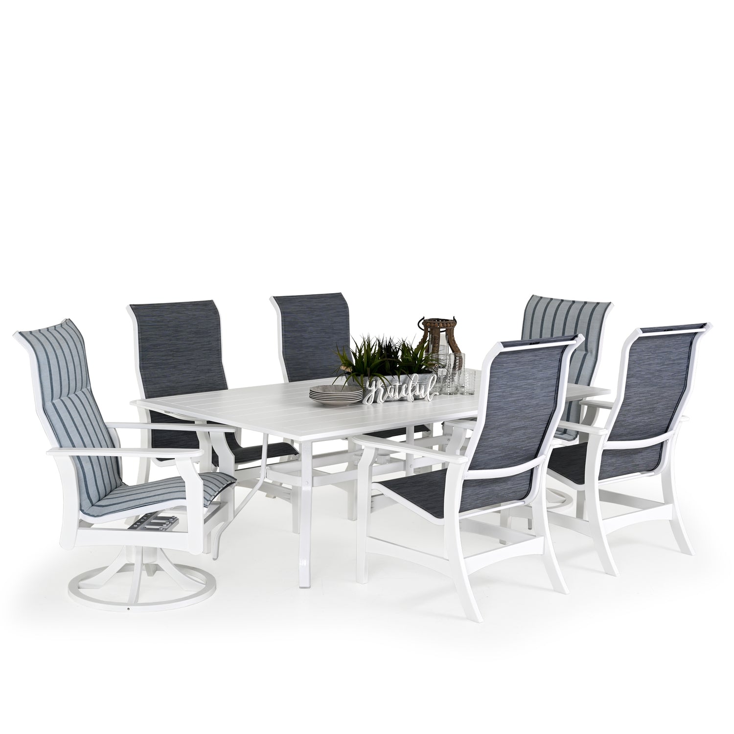 Outdoor marine grade polymer and sling dining set with four dining arm chairs and two swivel tilt dining chairs  around a rectangle dining table