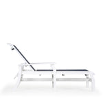 Side view of marine grade polymer and sling chaise lounge