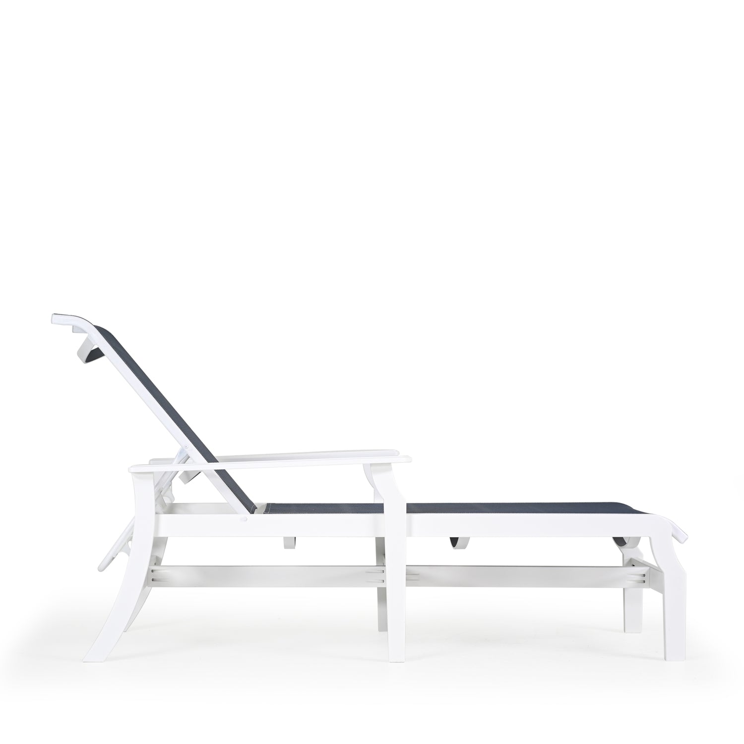 Side view of marine grade polymer and sling chaise lounge