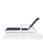 Side view of marine grade polymer and sling chaise lounge