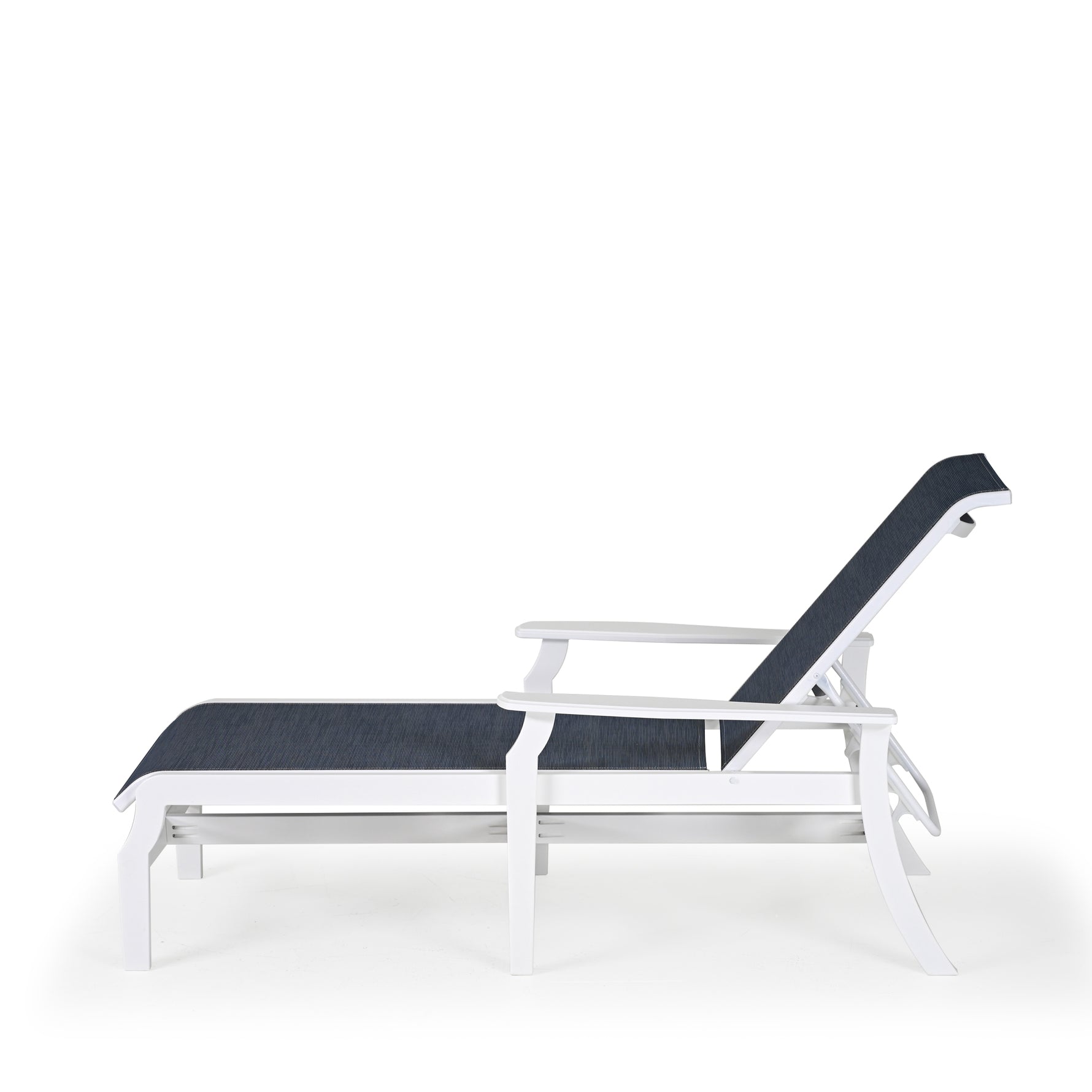 Side view of marine grade polymer and sling chaise lounge