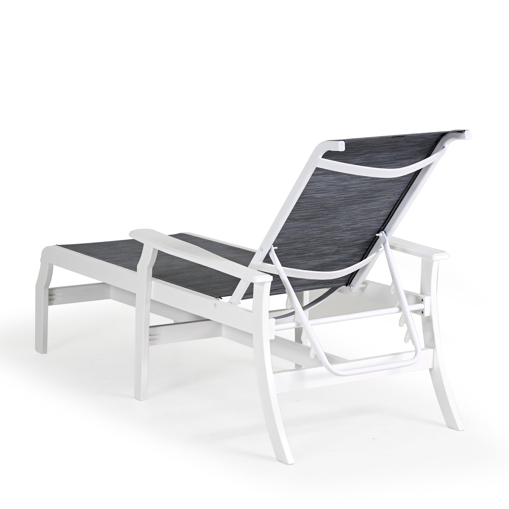 Back view of marine grade polymer and sling chaise lounge