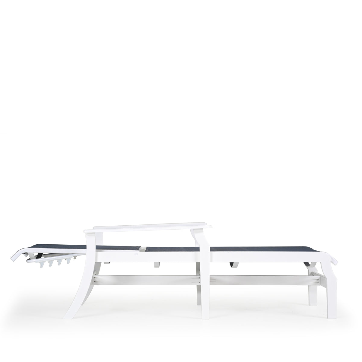 Side view of marine grade polymer and sling chaise lounge in fully flat position