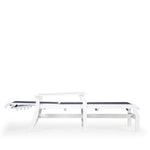 Side view of marine grade polymer and sling chaise lounge in fully flat position