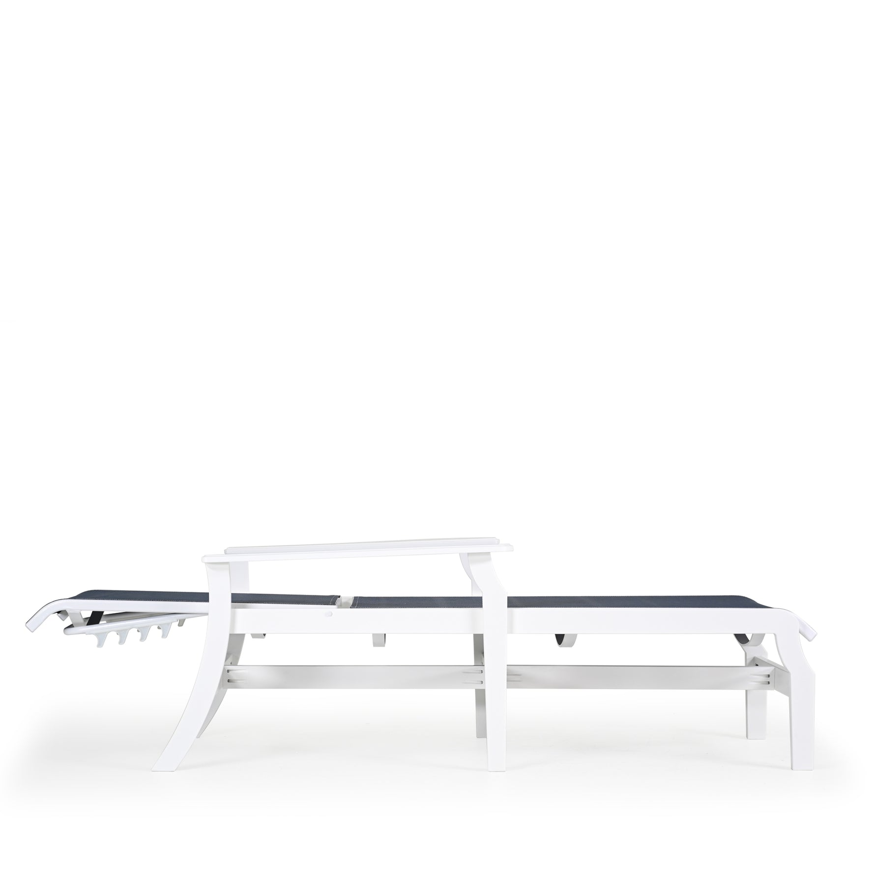Side view of marine grade polymer and sling chaise lounge in fully flat position