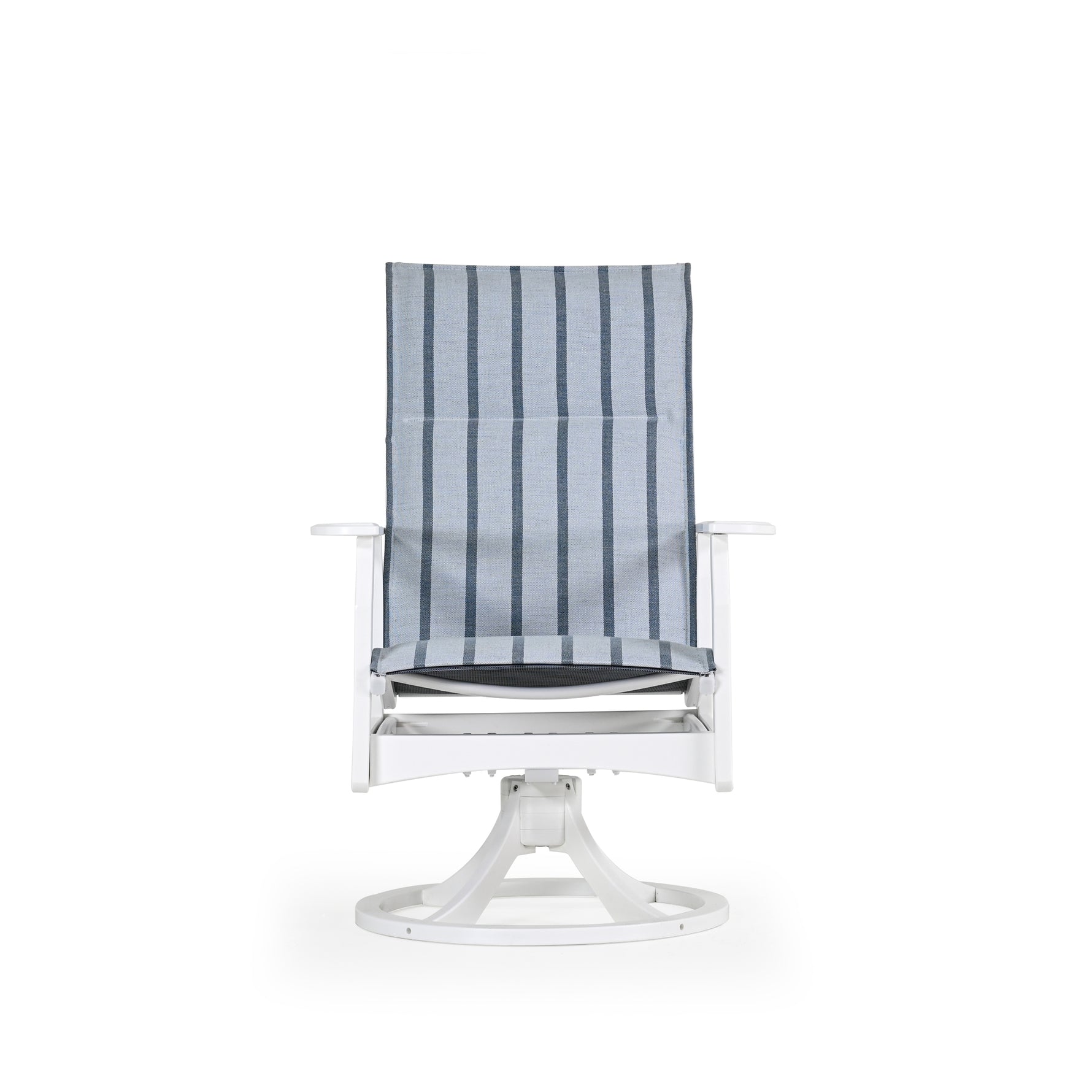 Front view of marine grade polymer and sling swivel tilt dining chair
