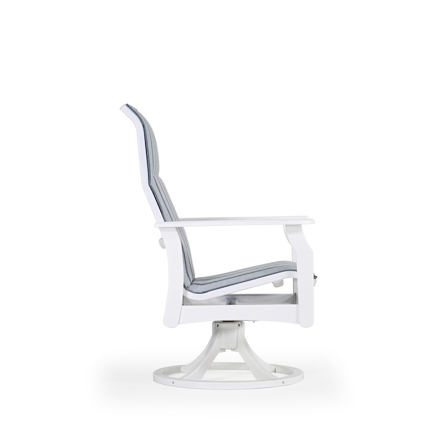 Side view of marine grade polymer and sling swivel tilt dining chair