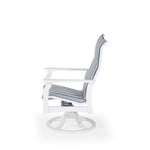 Side view of marine grade polymer and sling swivel tilt dining chair
