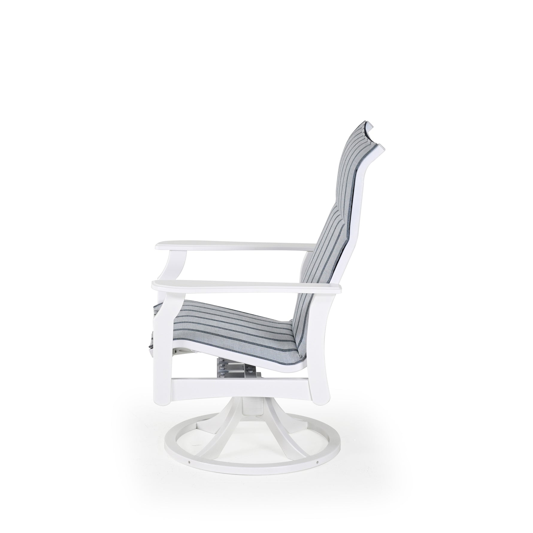 Side view of marine grade polymer and sling swivel tilt dining chair