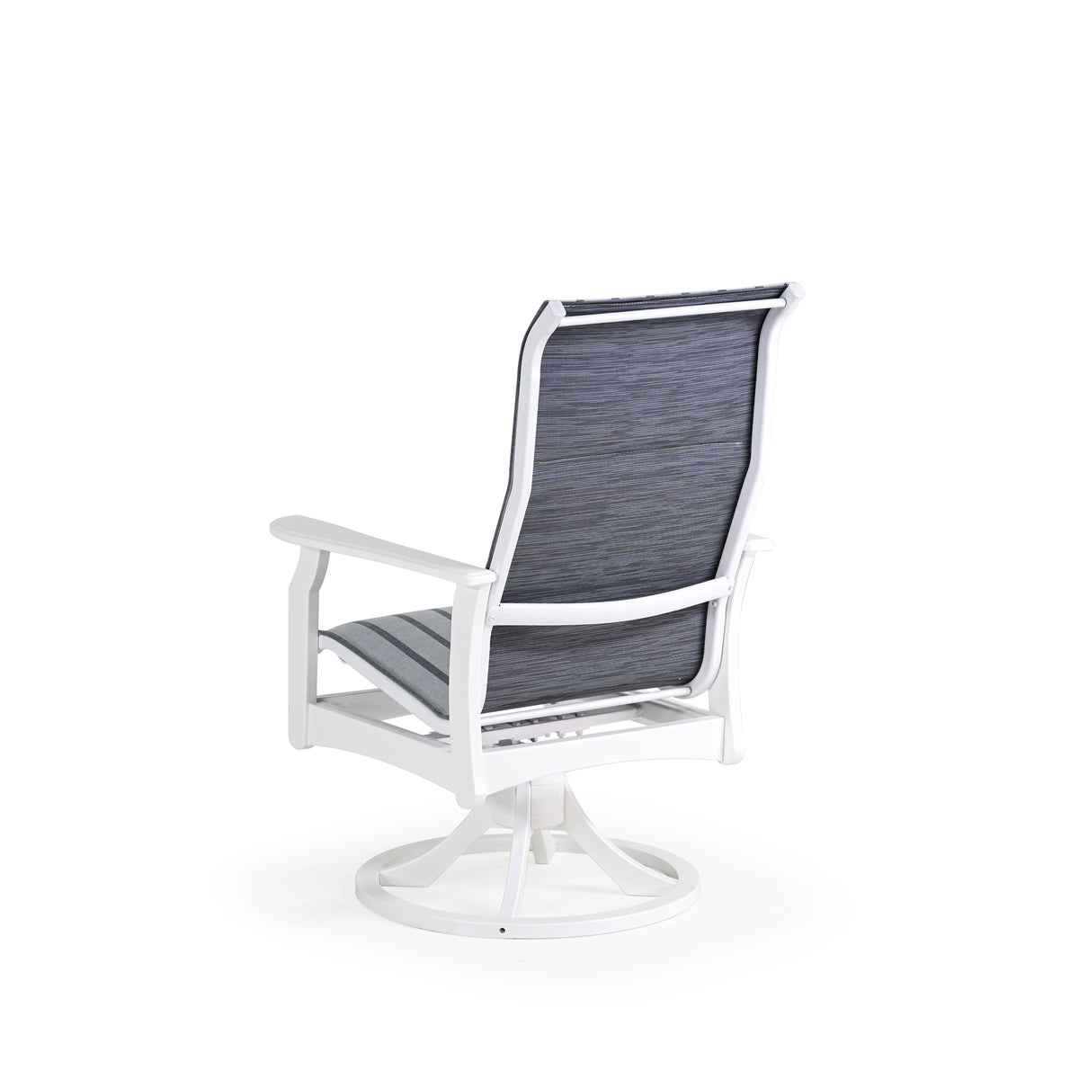 Back view of marine grade polymer and sling swivel tilt dining chair