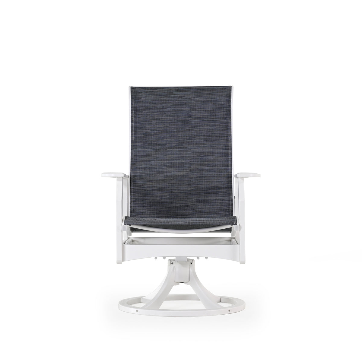 Front view of marine grade polymer and sling swivel tilt dining chair