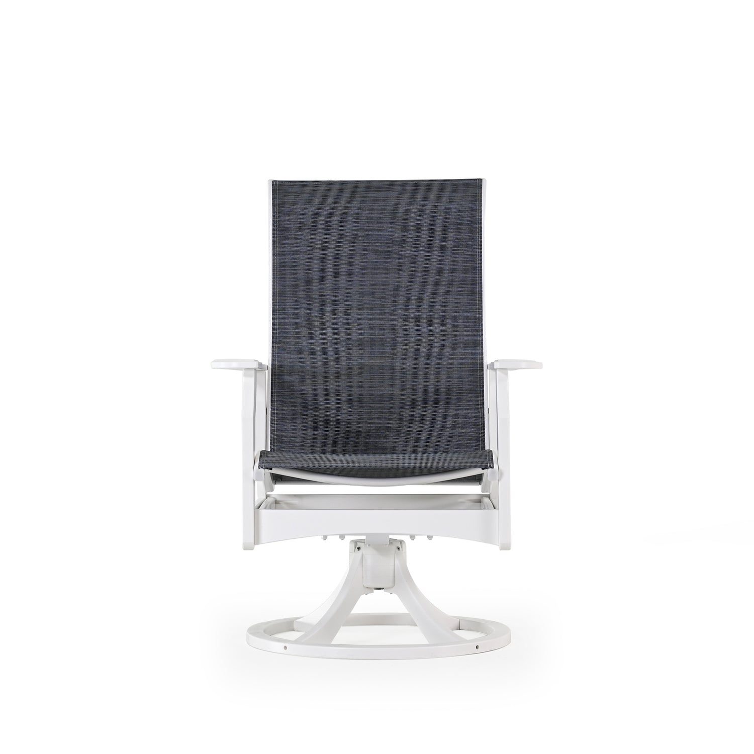 Front view of marine grade polymer and sling swivel tilt dining chair