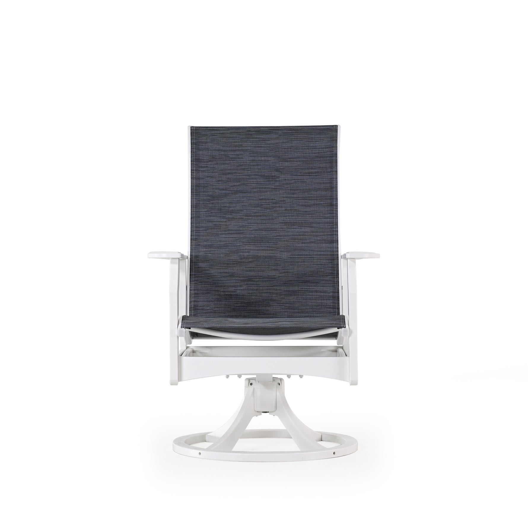 Front view of marine grade polymer and sling swivel tilt dining chair
