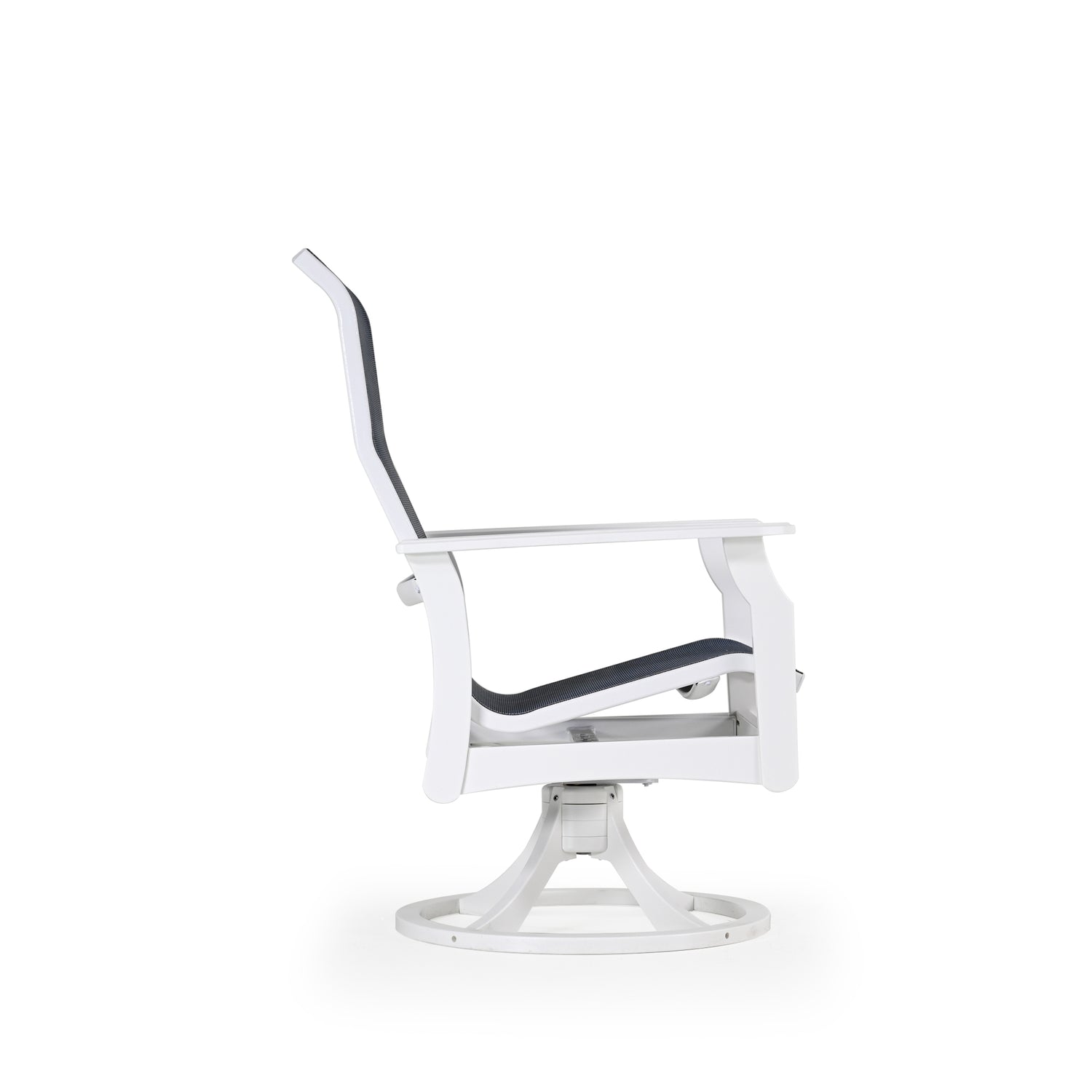 Side view of marine grade polymer and sling swivel tilt dining chair